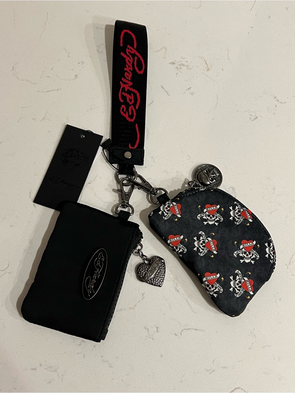 ED HARDY Black Lanyard Wristlet Coin Purse Wallet Set 3Pc Lot Skull Crossbones